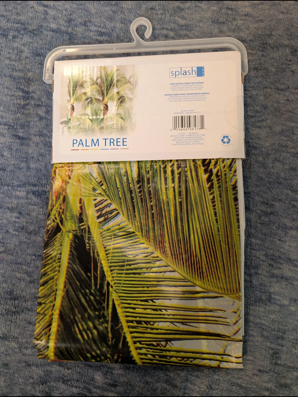 NIP Splash Green Palm Print PEVA Shower Curtain with Green Roller Hooks
